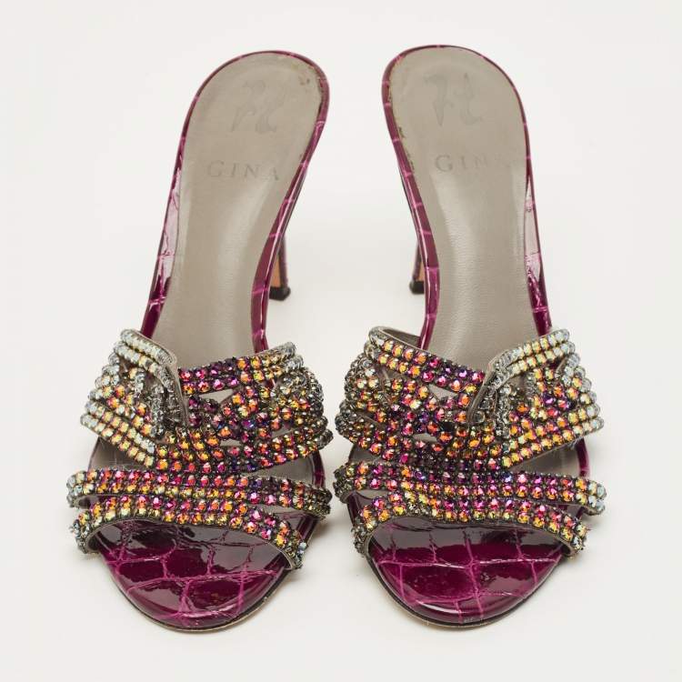 Pre Owned Gina Size 39 Purple Croc Embossed Leather  Crystal Embellished Slide Sandals