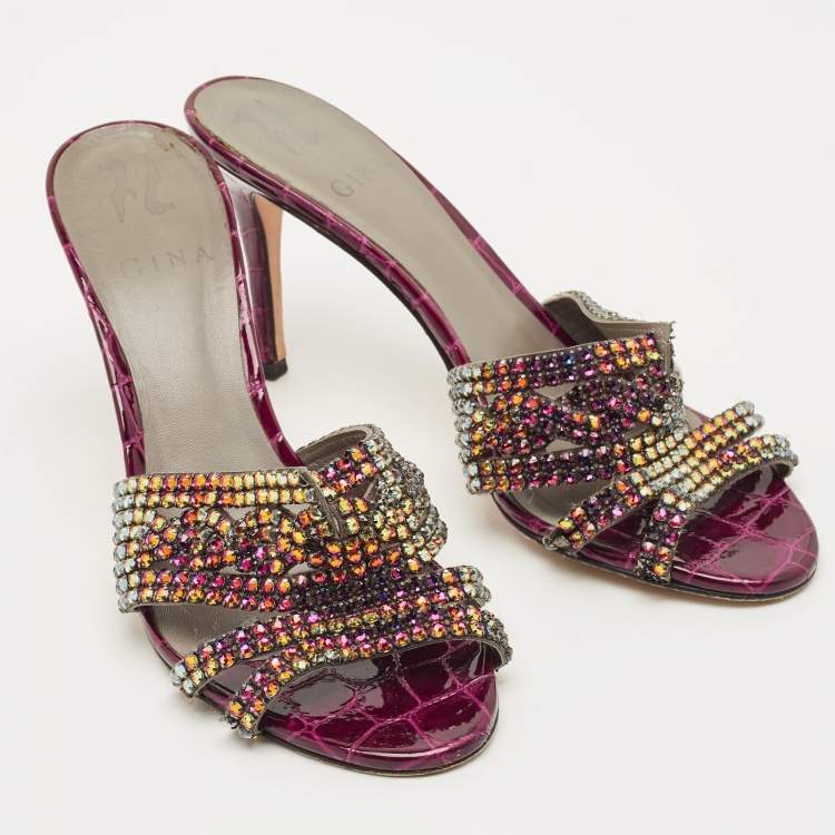 Pre Owned Gina Size 39 Purple Croc Embossed Leather  Crystal Embellished Slide Sandals