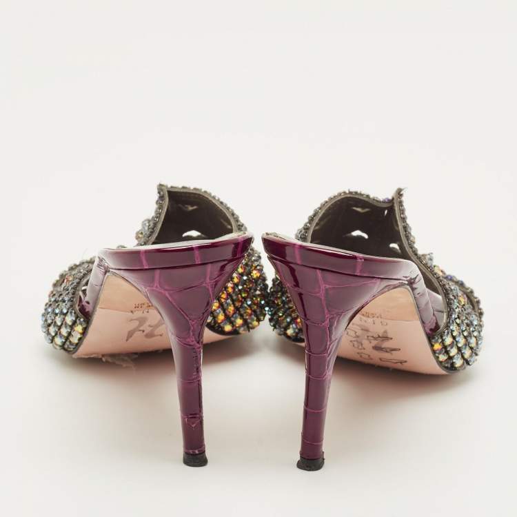Pre Owned Gina Size 39 Purple Croc Embossed Leather  Crystal Embellished Slide Sandals