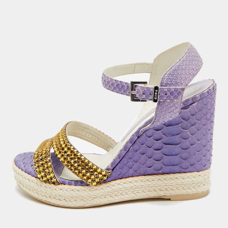 Pre Owned Gina Size 38 Purple Python Leather Crystal Embellished Wedge Ankle Strap Sandals