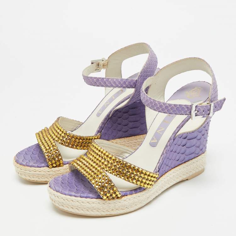 Pre Owned Gina Size 38 Purple Python Leather Crystal Embellished Wedge Ankle Strap Sandals
