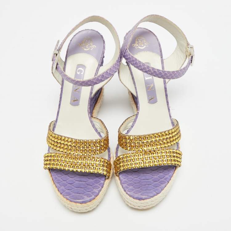Pre Owned Gina Size 38 Purple Python Leather Crystal Embellished Wedge Ankle Strap Sandals