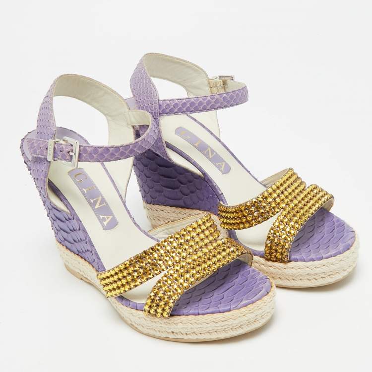 Pre Owned Gina Size 38 Purple Python Leather Crystal Embellished Wedge Ankle Strap Sandals