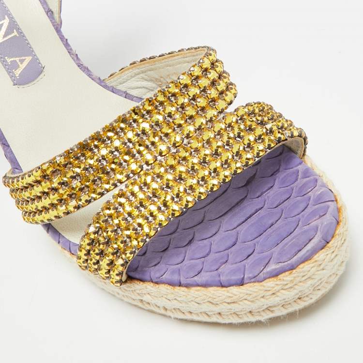 Pre Owned Gina Size 38 Purple Python Leather Crystal Embellished Wedge Ankle Strap Sandals
