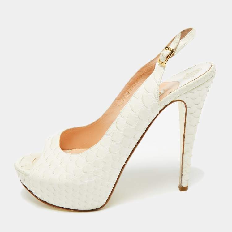 Pre Owned Gina Size 40.5 White Python Leather Slingback Pumps