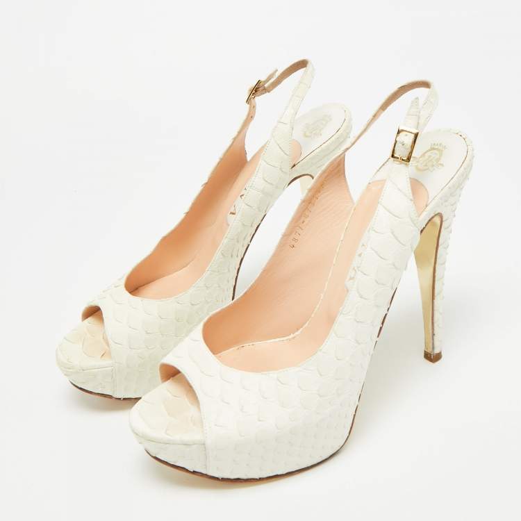 Pre Owned Gina Size 40.5 White Python Leather Slingback Pumps