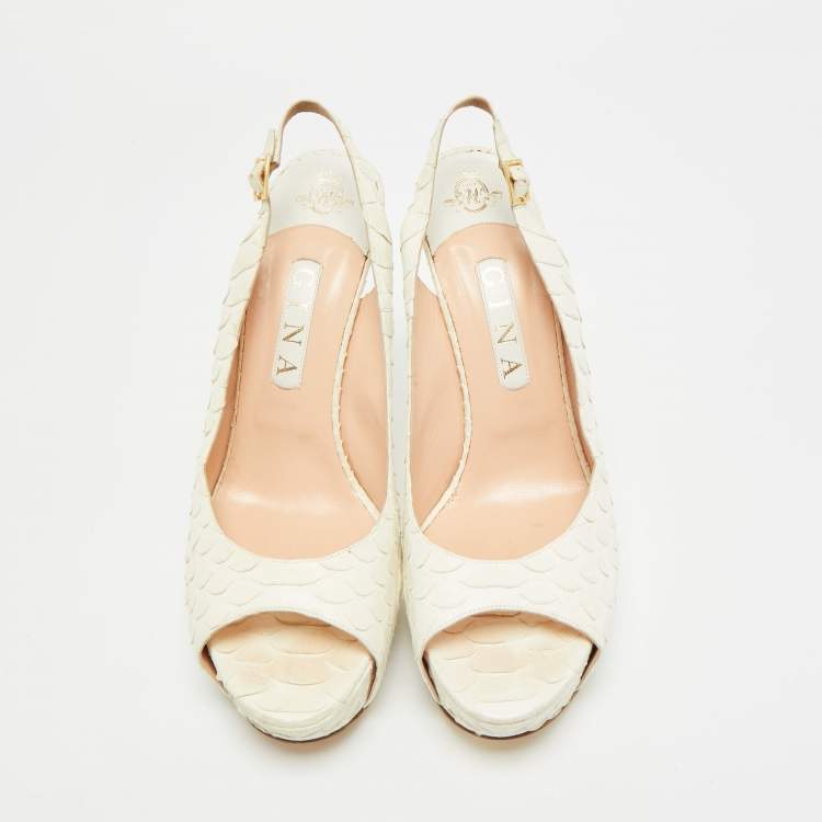 Pre Owned Gina Size 40.5 White Python Leather Slingback Pumps