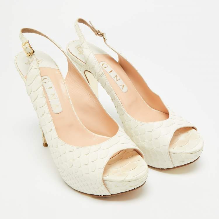 Pre Owned Gina Size 40.5 White Python Leather Slingback Pumps