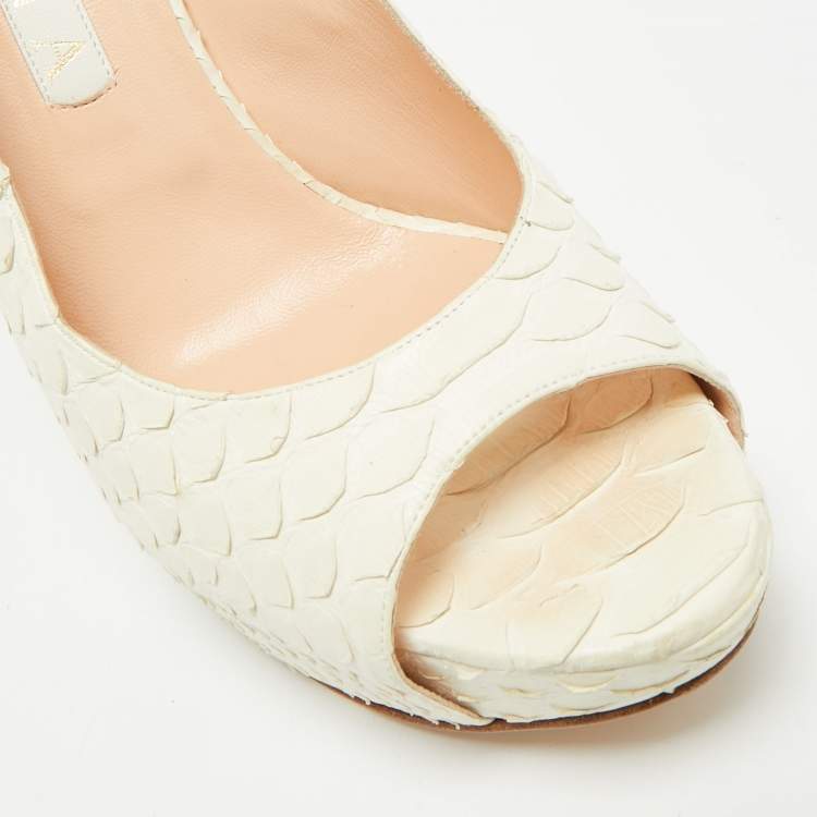 Pre Owned Gina Size 40.5 White Python Leather Slingback Pumps