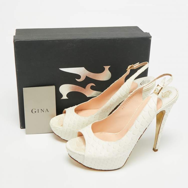 Pre Owned Gina Size 40.5 White Python Leather Slingback Pumps