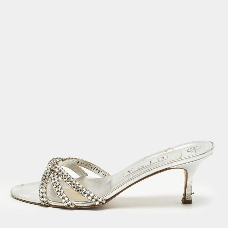 Pre Owned Gina Gallery Size 40 Silver Leather Crystal Embellished Slide Sandals