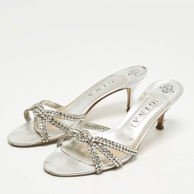 Pre Owned Gina Gallery Size 40 Silver Leather Crystal Embellished Slide Sandals