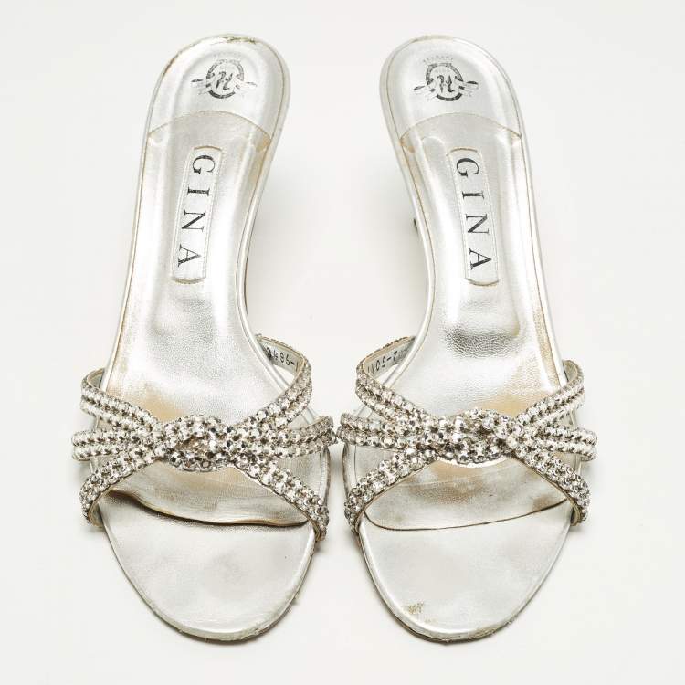 Pre Owned Gina Gallery Size 40 Silver Leather Crystal Embellished Slide Sandals