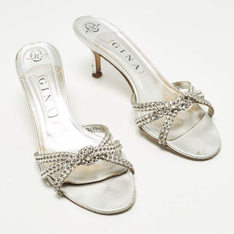 Pre Owned Gina Gallery Size 40 Silver Leather Crystal Embellished Slide Sandals