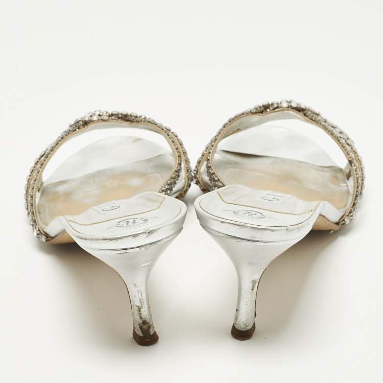 Pre Owned Gina Gallery Size 40 Silver Leather Crystal Embellished Slide Sandals