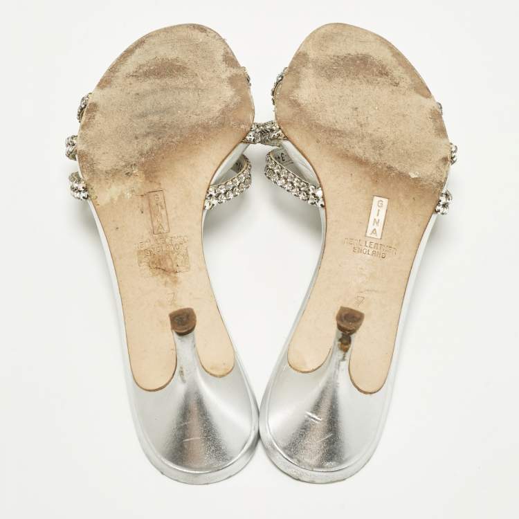 Pre Owned Gina Gallery Size 40 Silver Leather Crystal Embellished Slide Sandals