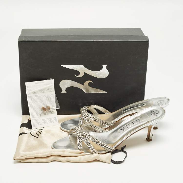 Pre Owned Gina Gallery Size 40 Silver Leather Crystal Embellished Slide Sandals