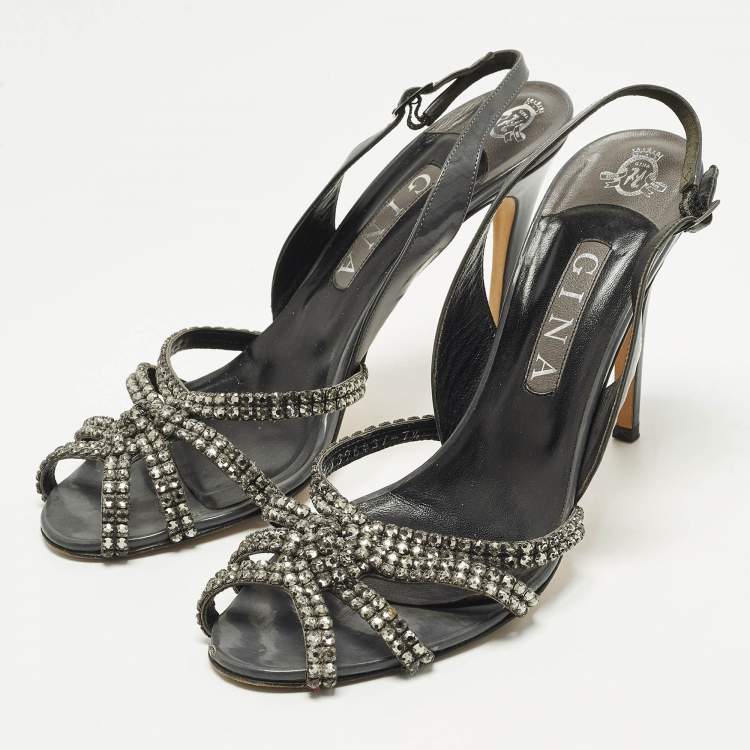 Pre Owned Gina Size 40.5 Grey Patent Leather Crystal Embellished Slingback Sandals