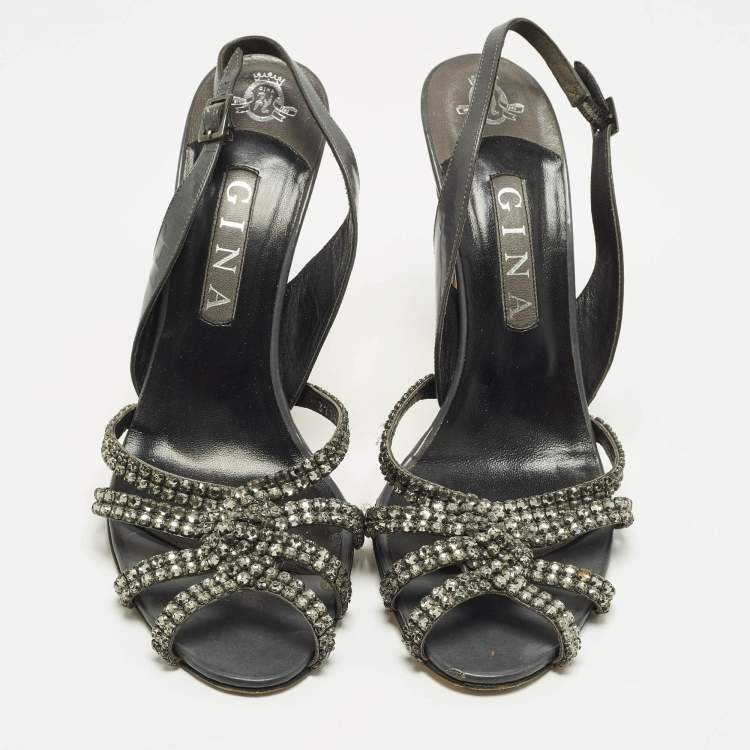 Pre Owned Gina Size 40.5 Grey Patent Leather Crystal Embellished Slingback Sandals