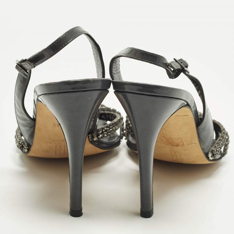 Pre Owned Gina Size 40.5 Grey Patent Leather Crystal Embellished Slingback Sandals