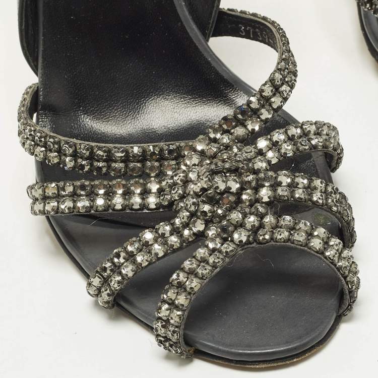 Pre Owned Gina Size 40.5 Grey Patent Leather Crystal Embellished Slingback Sandals