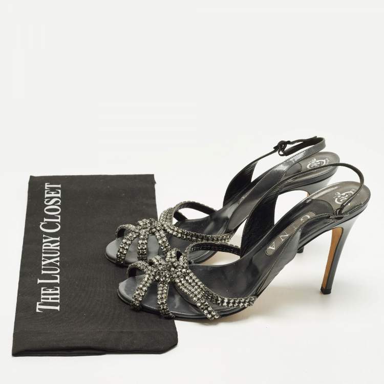 Pre Owned Gina Size 40.5 Grey Patent Leather Crystal Embellished Slingback Sandals