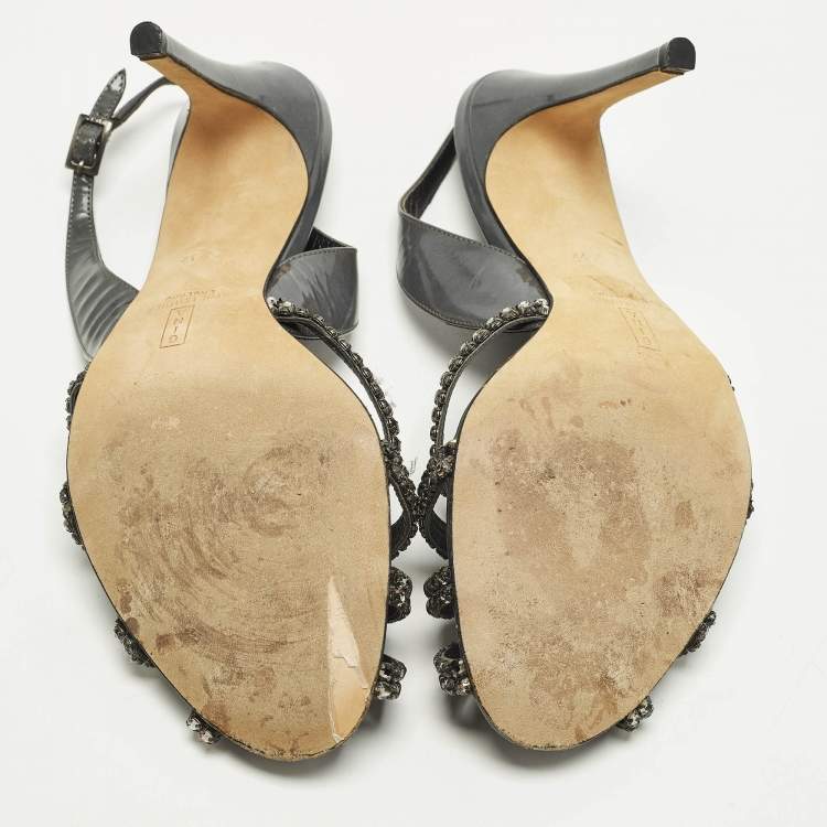Pre Owned Gina Size 40.5 Grey Patent Leather Crystal Embellished Slingback Sandals