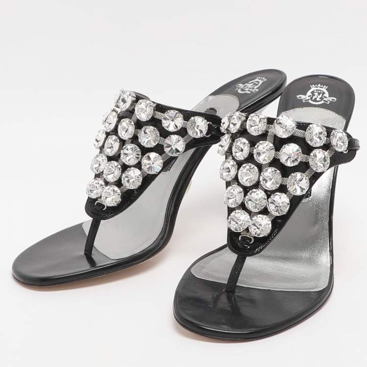 Pre Owned Gina Size 39 Black Crystals Embellished Patent Leather Thong Sandals