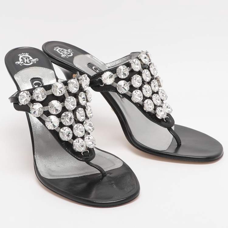 Pre Owned Gina Size 39 Black Crystals Embellished Patent Leather Thong Sandals