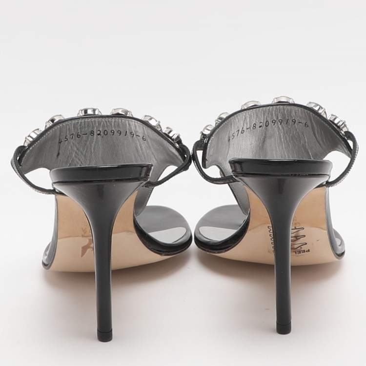 Pre Owned Gina Size 39 Black Crystals Embellished Patent Leather Thong Sandals
