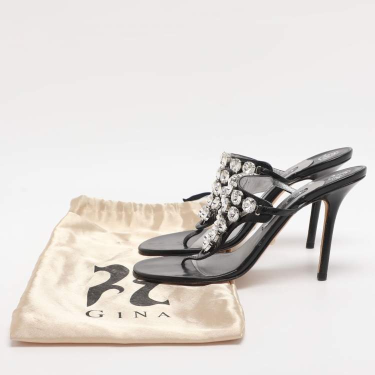 Pre Owned Gina Size 39 Black Crystals Embellished Patent Leather Thong Sandals