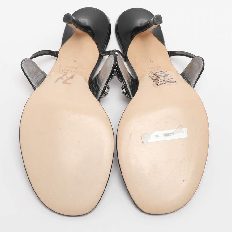 Pre Owned Gina Size 39 Black Crystals Embellished Patent Leather Thong Sandals