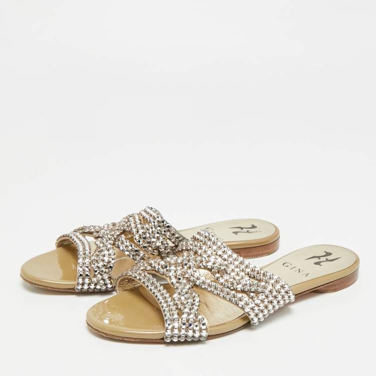 Pre Owned Gina Size 36 Gold Leather Crystal Embellished Flat Slides 