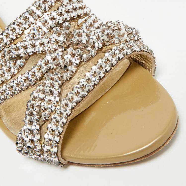 Pre Owned Gina Size 36 Gold Leather Crystal Embellished Flat Slides 
