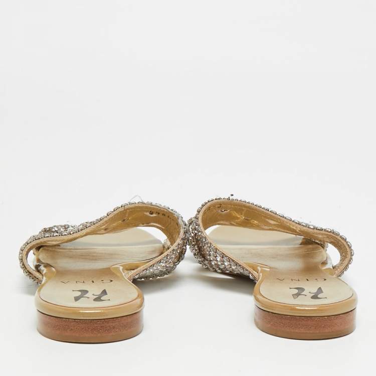 Pre Owned Gina Size 36 Gold Leather Crystal Embellished Flat Slides 