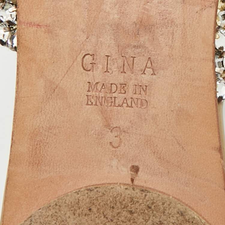 Pre Owned Gina Size 36 Gold Leather Crystal Embellished Flat Slides 