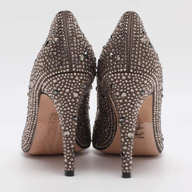 مملوكة مسبقًا Gina Size 40 Brown Crystals and Satin Pumps