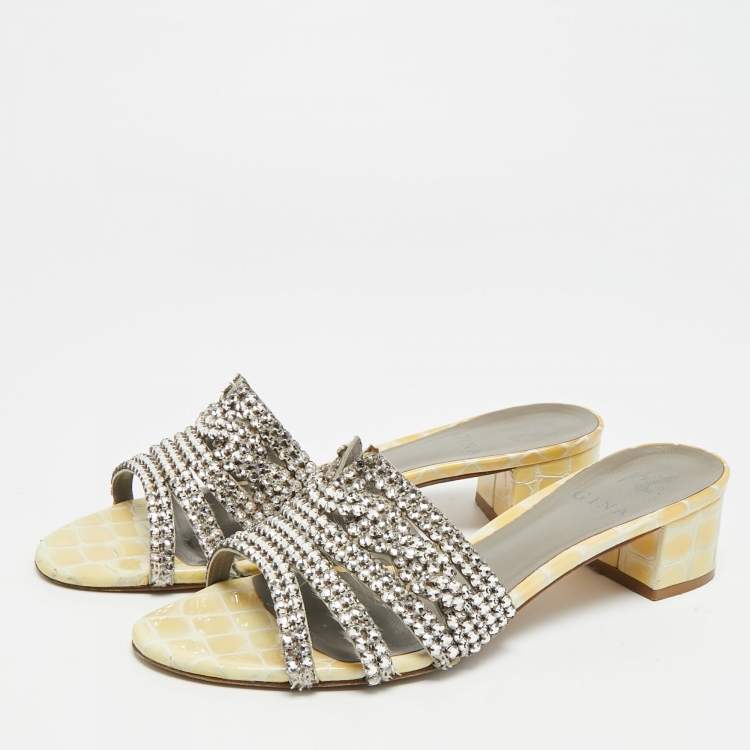 Pre Owned Gina Size 38.5 Two Tone Leather Crystal Embellished Slide Sandals