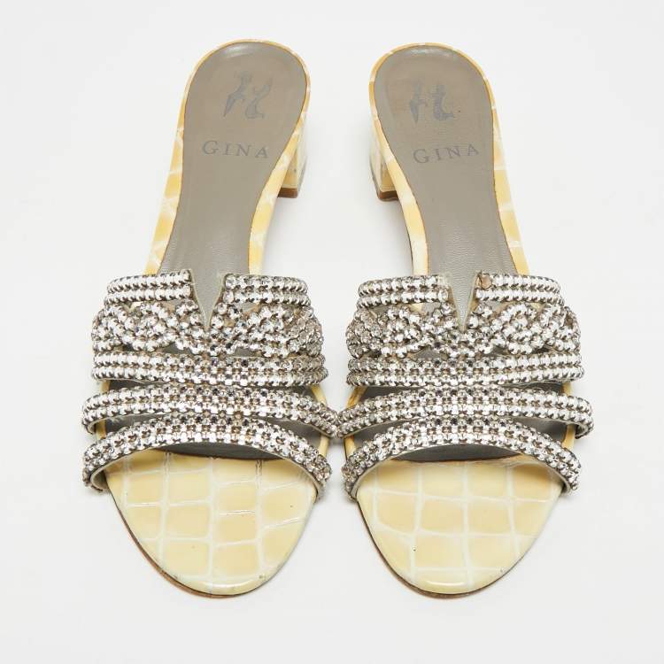 Pre Owned Gina Size 38.5 Two Tone Leather Crystal Embellished Slide Sandals