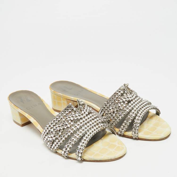 Pre Owned Gina Size 38.5 Two Tone Leather Crystal Embellished Slide Sandals