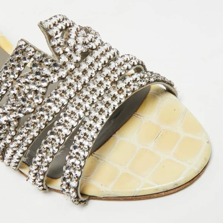 Pre Owned Gina Size 38.5 Two Tone Leather Crystal Embellished Slide Sandals