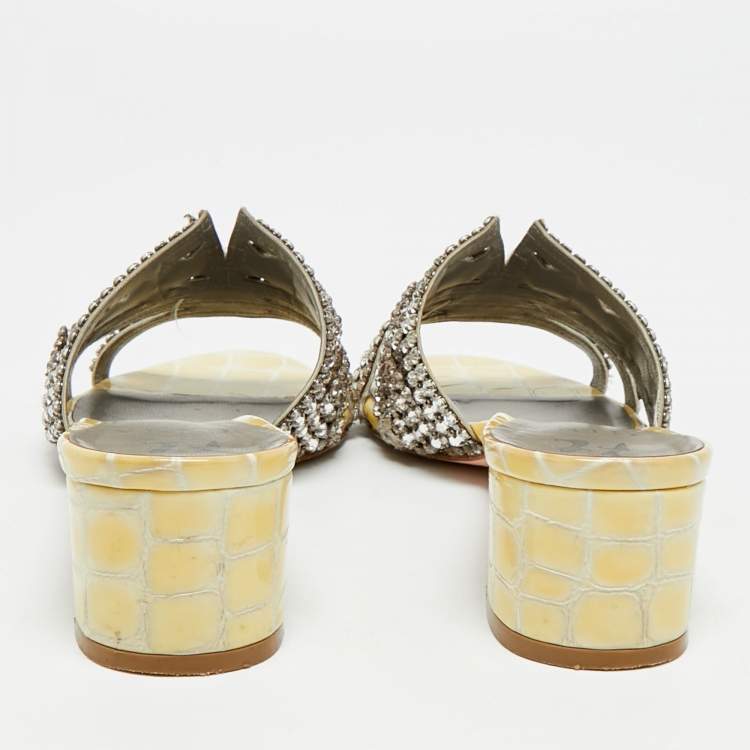 Pre Owned Gina Size 38.5 Two Tone Leather Crystal Embellished Slide Sandals