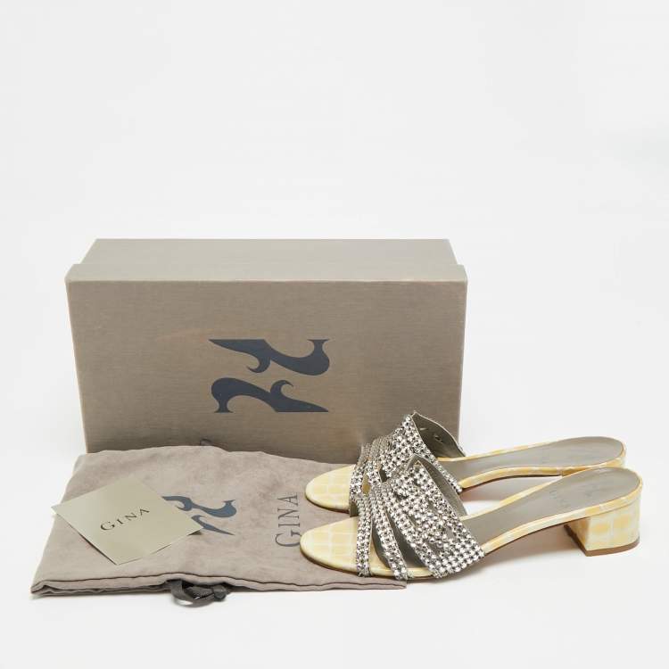 Pre Owned Gina Size 38.5 Two Tone Leather Crystal Embellished Slide Sandals