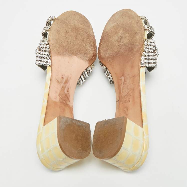 Pre Owned Gina Size 38.5 Two Tone Leather Crystal Embellished Slide Sandals