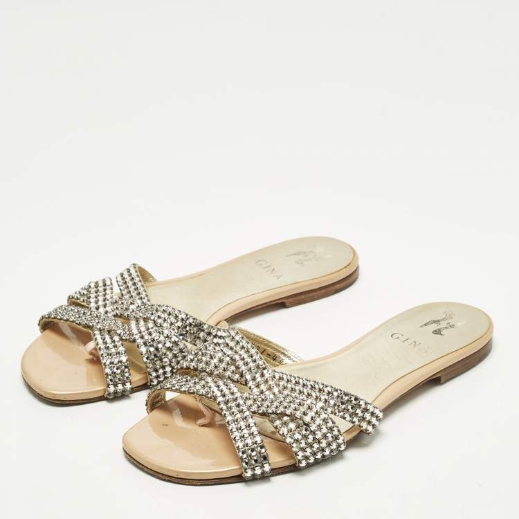 مملوكة مسبقًا Gina Size 37.5 Silver Leather Crystal Embellished Flat Slide