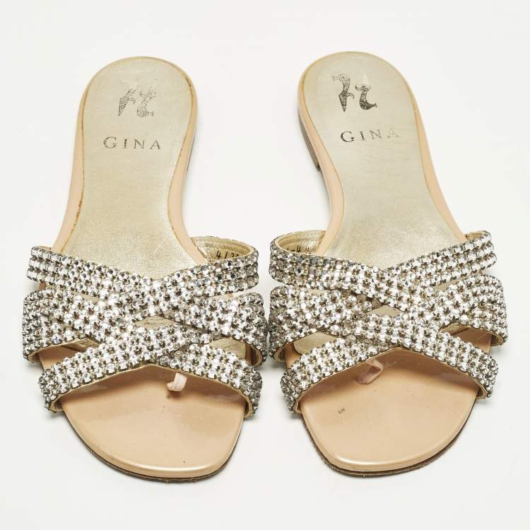 مملوكة مسبقًا Gina Size 37.5 Silver Leather Crystal Embellished Flat Slide