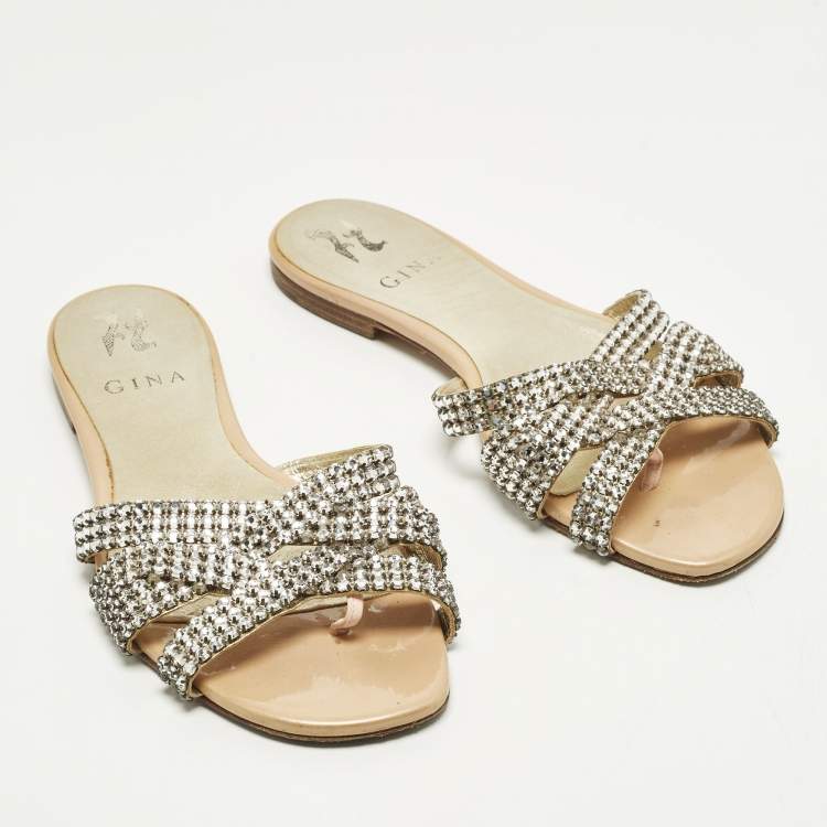 مملوكة مسبقًا Gina Size 37.5 Silver Leather Crystal Embellished Flat Slide