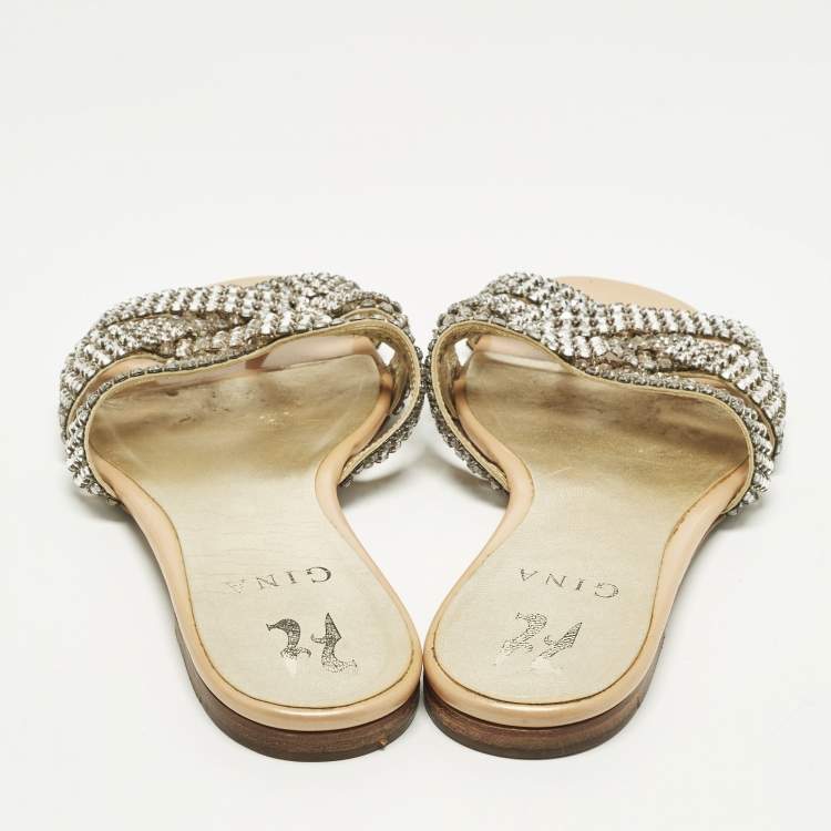 مملوكة مسبقًا Gina Size 37.5 Silver Leather Crystal Embellished Flat Slide