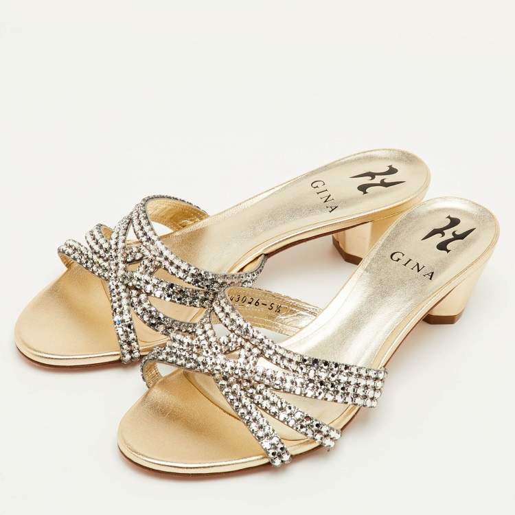 Pre Owned Gina Size 38.5 Metallic Leather Crystal Embellished Slide Sandals
