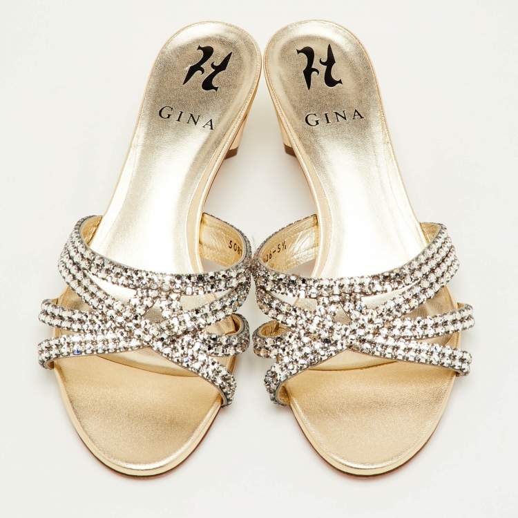 Pre Owned Gina Size 38.5 Metallic Leather Crystal Embellished Slide Sandals